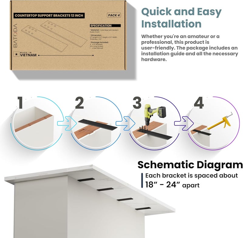 BATODA 12" Countertop Support Brackets (4 pcs) for Granite - Heavy Duty L Shelf Bracket - Wall Mounted Support for DIY Open Shelving – Knee Wall Support - Mounting Hardware Included ( Pack 4 ) - Image 4